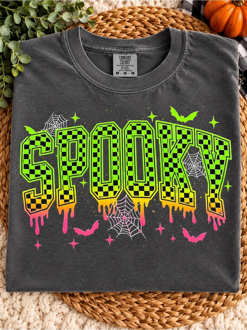 Comfort Colors Charcoal Tee with Neon Green, Pink & Yellow 'SPOOKY' Graphic